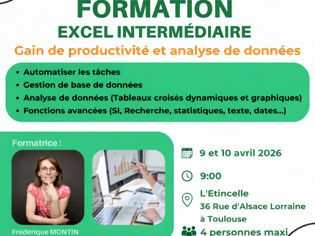 Excel intermédiaire 9 et 10 avril - La Souris Verte formation Excel Formation Excel intermédiaire 9 et 10 avril 2026 à l'etincelle à toulouse.